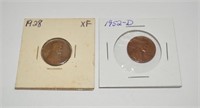 Pair wheat pennies, 1952 D, 1928 - XF