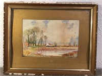 Framed watercolour of  Cottage on Pond .