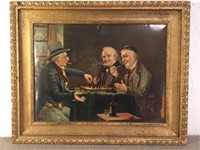 Antique framed print of gentlemen playing chess.