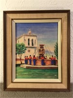 Watercolour of women around the Fountain, signed