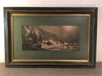 Framed antique charcoal print, Rocky Seashore.