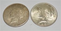Pair 1923 Peace silver dollars, EF to AU