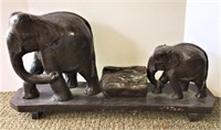 Sculpture of Elephant Mother & Baby on Wood