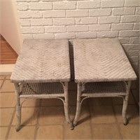 Pair of White Wicker End Tables