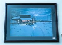 Framed, matted snowy night print