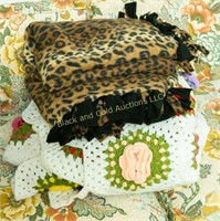Leopard print throw, embroidered afghan