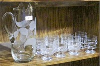 Etched glass tall decanter, 8 tumblers