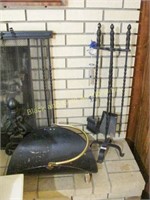 Lot: fireplace tools, wood carrier