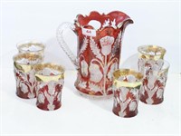 Ruby stained Thistle 7 pc water set