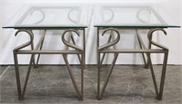 Pair Modern Metal End-Tables w/ Beveled Glass Tops