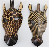 Carved Wood African Zebra & Giraffe Wall Masks