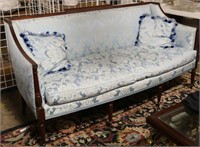 SHERATON STYLE CARVED MAHOGANY SILK BROCADE SOFA