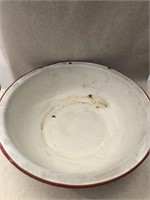 Vintage enamelware white bowl with red rim