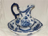 Porcelain blue floral pitcher & bowl set - bowl
