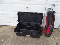 Storage container; 2 fishing poles; golf clubs