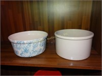 2 Pottery pieces - blue spongeware & 1 marked