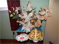 Silk floral arrangement, white glass basket w/