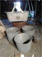Galvanized buckets and basket