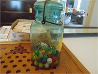 Blue Ball Jar, glass marbles Chinese Checker board