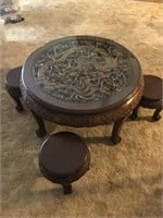 Chinese Carved Round Tea Table w/ Stools
