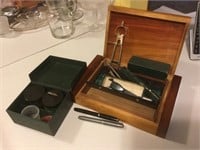 Wooden Box of Drafting Items & 2 Fountain Pens