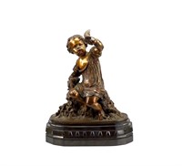 FRENCH BRONZE SCULPTURE OF A CHILD WITH BIRD