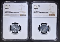 2 - 1943 STEEL CENT NGC MS65 & MS66