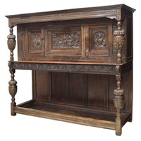 ENGLISH HEAVILY CARVED OAK COURT SIDEBOARD