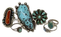 (6) VINTAGE NATIVE AMERICAN TURQUOISE SILVER RINGS