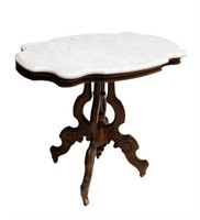 VICTORIAN CARVED WALNUT MARBLE PARLOR TABLE