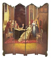 FIGURAL PAINTED FOUR PANEL FOLIDING SCREEN