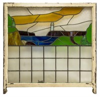 LARGE STAINED & LEADED GLASS LIGHTHOUSE WINDOW