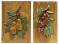 (2) RELIEF CARVED WOOD PANELS W/ CHERRIES & PEARS