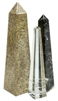 (3) OBELISKS: CRYSTAL, MARBLE, GRANITE