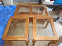 3 Piece Oak and Glass Coffee Table and End Tables