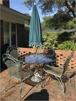ROUND WROUGHT IRON GLASS TOP TABLE, (4) CHAIRS,