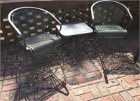 (2) WROUGHT IRON CHAIRS, SIDE TABLE