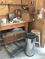 WORK BENCH CONTENTS, STAINLESS TRASH CAN, 4-WHEEL