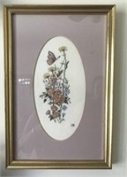 PAIR OF CROSS-STITCHED PICTURES, FRAMED DOILY
