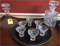 (2) DECANTERS, (6) GLASS STOPPERS