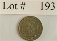 Lot #193 - 1881 3 Cent Nickel