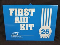 First aid kit in blue metal box