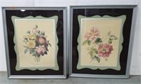 2 flower paintings w/ painted glass