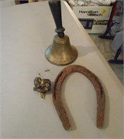 Lot of 3 Items Including Large Bell, and Horseshoe