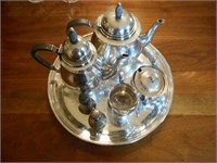Set of Silver Tea Set and Salt and Pepper Shakers