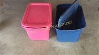 Pink And Blue Plastic Totes In The Garage