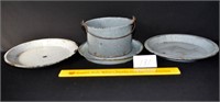 4 Pc. Lot - Gray Enamelware, 3 Plates and Bucket