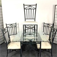 Cast Metal Table with Glass Top and 6 Chairs