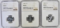 3 - 1943  LINCOLN STEEL CENT NGC MS65