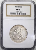 1861-S SEATED HALF, NGC XF-45 CIVIL WAR DATE!